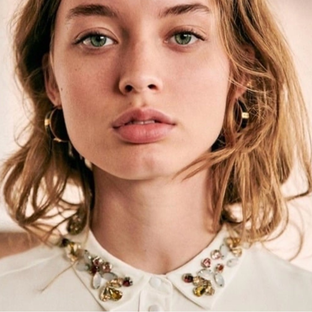 RARE Sezane Ivory Silk Button Down with Floral Beaded Embellishments